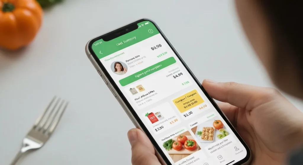 A person's smartphone displaying several different shopping apps with various deals and price comparisons.