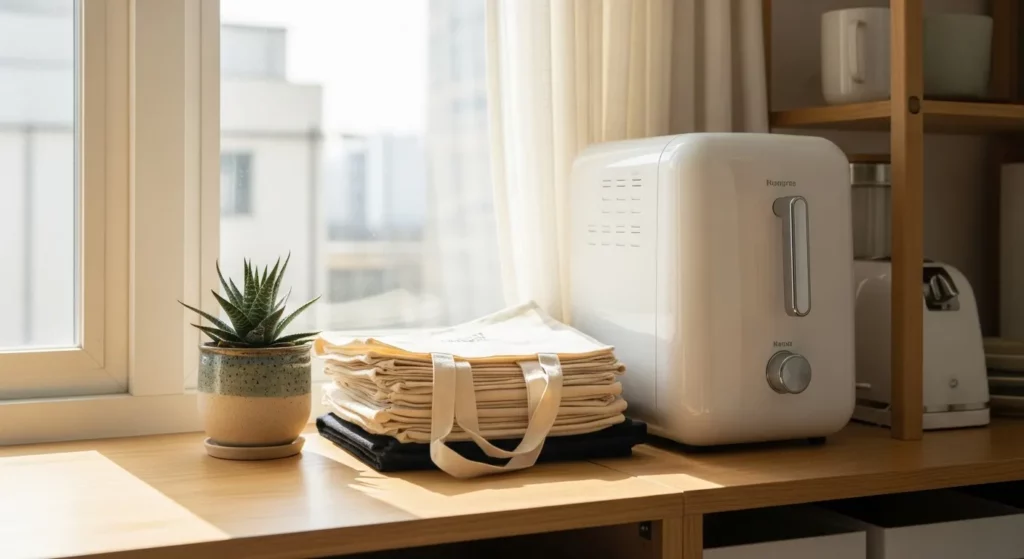 A photograph of a kitchen showcasing energy-efficient appliances and reusable household items.