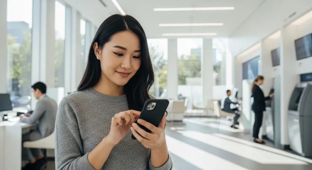 A person uses a smartphone banking app while sitting near a bank building.