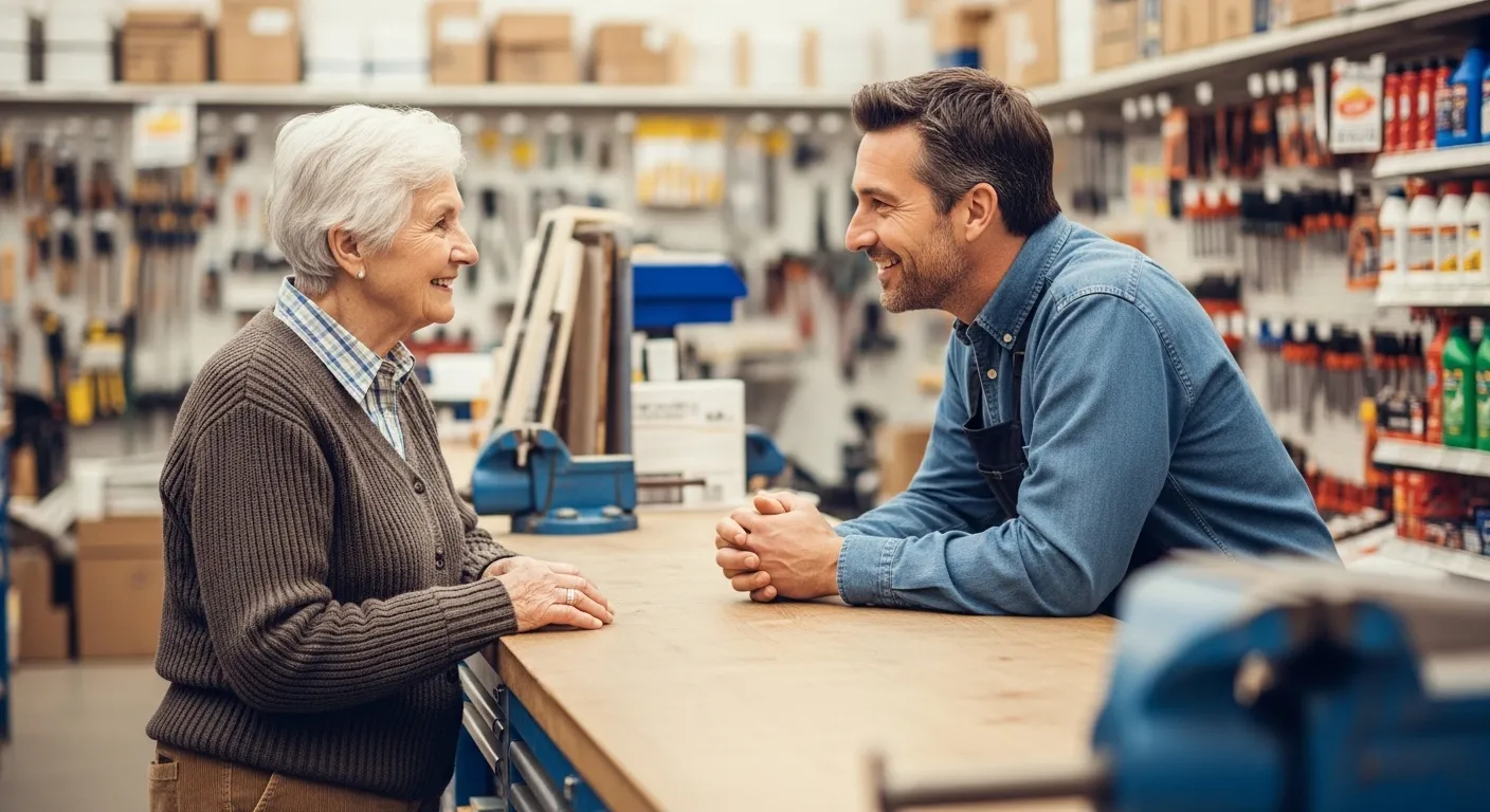 A senior citizen speaks with a business owner at a local establishment.