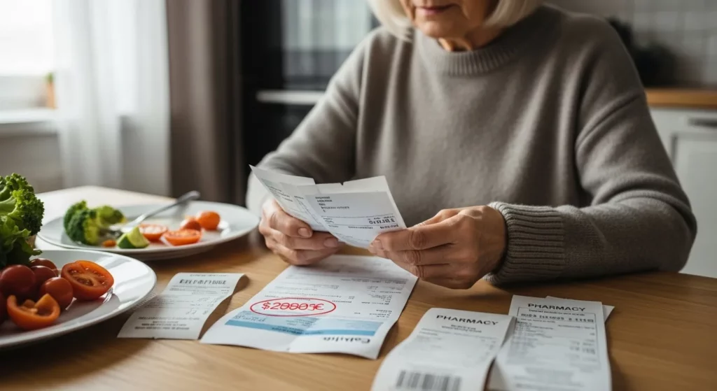 An older adult sits at a table, reviewing several bills and receipts, with noticeable price increases highlighted.