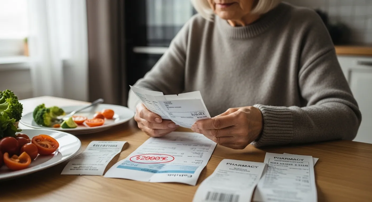 An older adult sits at a table, reviewing several bills and receipts, with noticeable price increases highlighted.