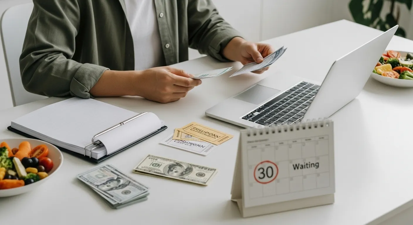 A person sits at a kitchen table with a shopping list, coupons, cash, a laptop showing a price comparison website, and a calendar highlighting a date.
