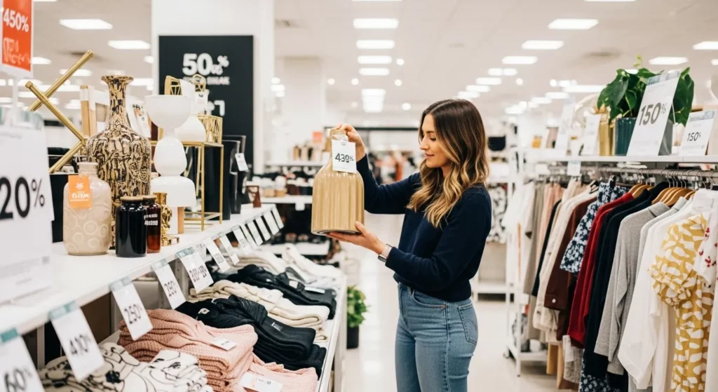 A shopper examines discounted merchandise in a store's clearance section, with various sale-tagged items visible.