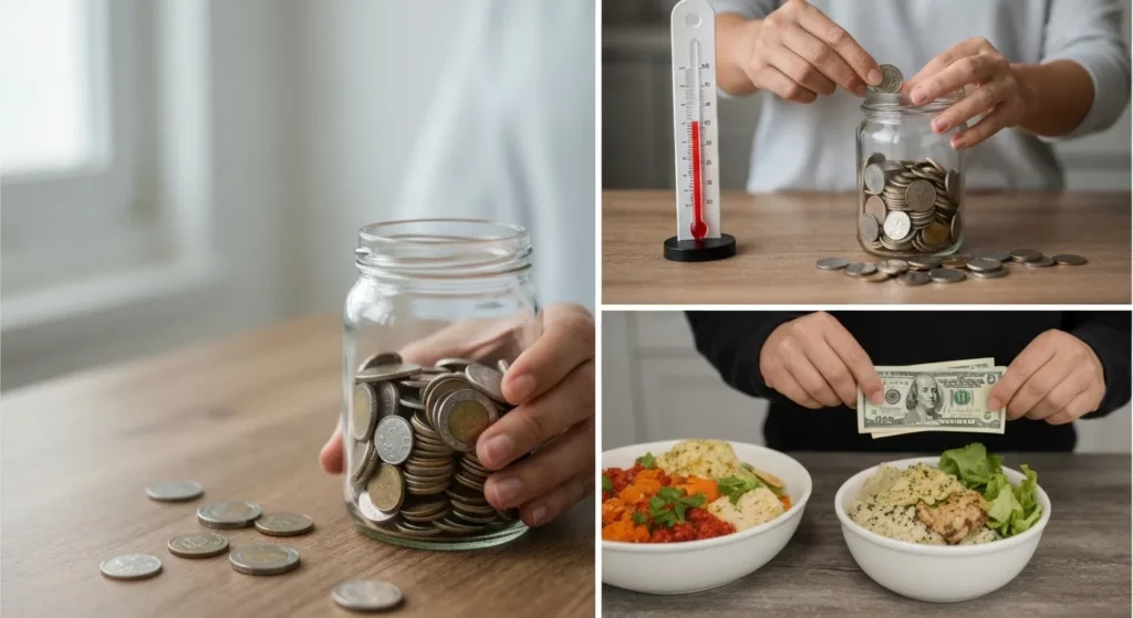 A collection of images depicting various savings challenges, including a jar of coins, a savings thermometer, and food prepared from pantry staples.