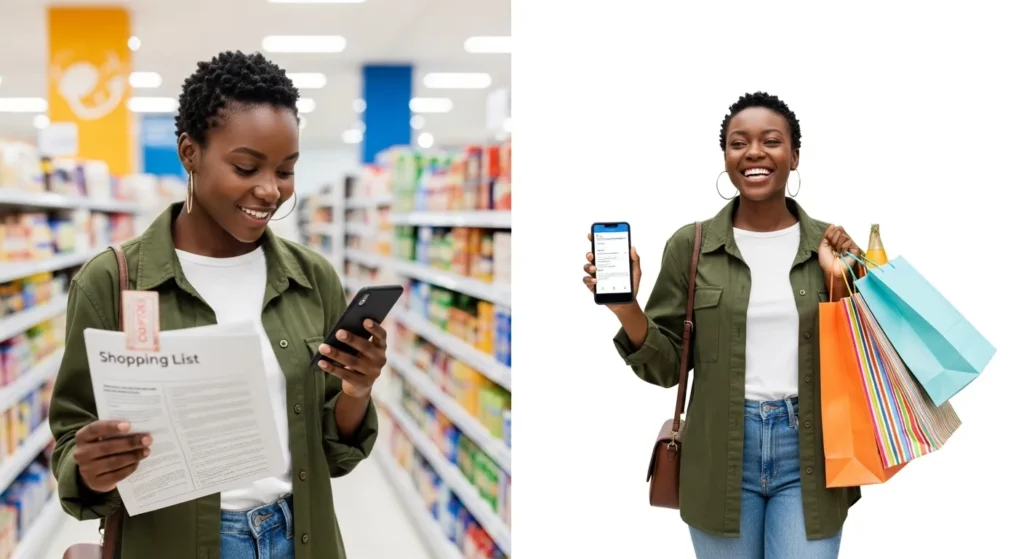 A person examines a shopping list while holding a smartphone displaying a price comparison website.