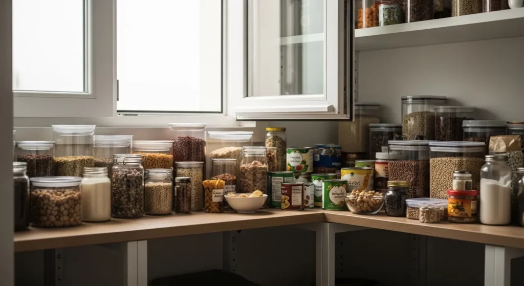 A well-organized pantry with large bags of various dry goods, jars of spices, and canned goods.
