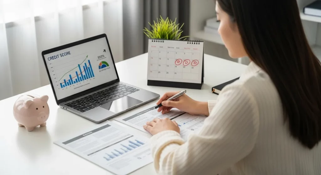 A person sits at a desk with financial documents, a credit card, a laptop showing a graph, and a piggy bank.