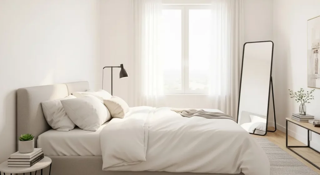 A photograph depicting a bathroom with white towels and bedding, fitness equipment, a modern appliance, and luggage.
