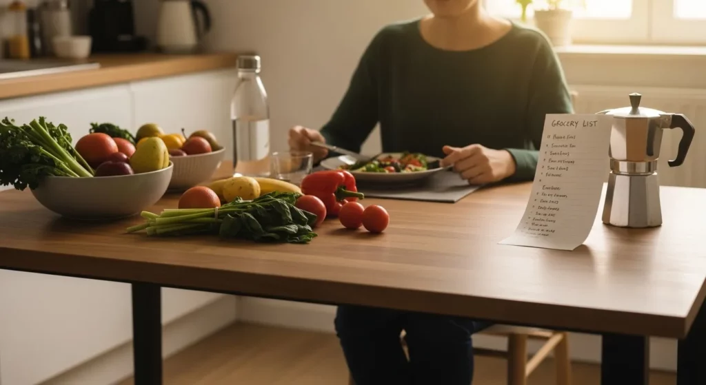 A person sits at a kitchen table with fresh produce, a reusable water bottle, and a coffee maker.