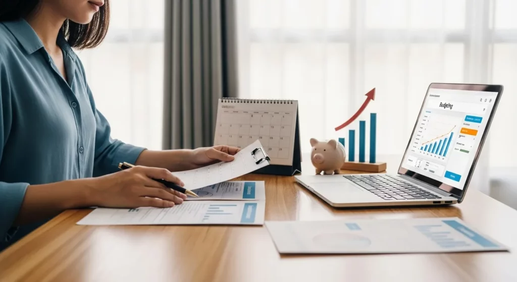 A person sits at a desk working on financial documents, with a piggy bank, growth chart, and laptop visible.