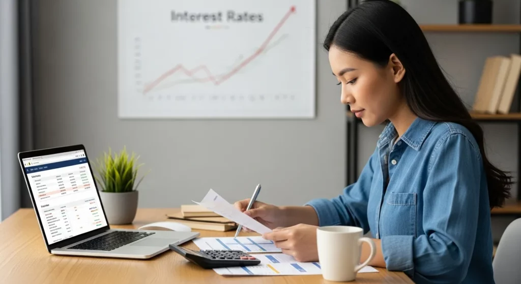 A person sits at a desk reviewing financial documents, a calculator, and a coffee mug, with a graph showing rising interest rates visible in the background.