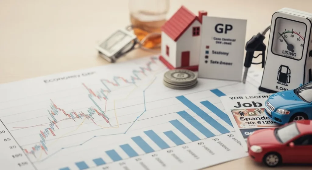 A graph showing economic indicators like inflation, unemployment, and GDP growth, alongside images of everyday consumer goods and a retirement savings account statement.