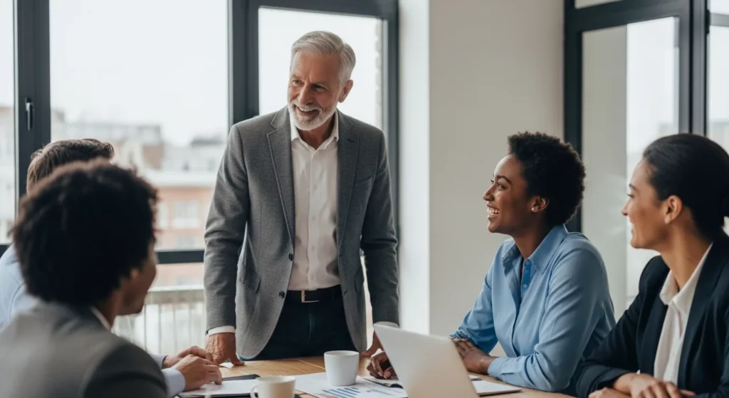 A person stands confidently in a modern office space, surrounded by diverse colleagues working on various tasks.