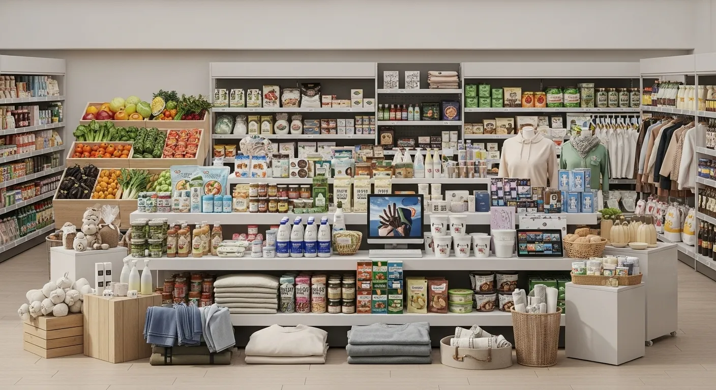 A collage of various products from different discount stores, including groceries, clothing, and household items.