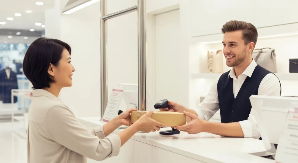 A customer returns an item to a store, interacting positively with a store employee at a clearly marked return desk.
