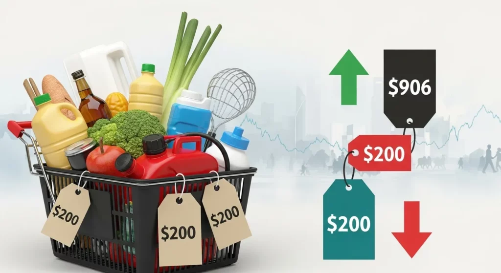 A shopping basket overflowing with various household goods and services, with upward and downward-trending arrows indicating fluctuating prices.