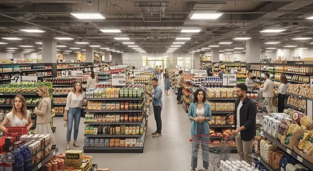 A digitally enhanced grocery store aisle with online order pickup area, showing a variety of fresh produce and essential items.