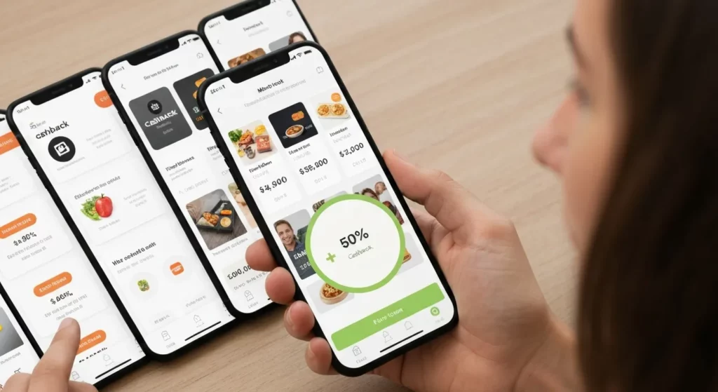 A close-up shot of a smartphone screen displaying various cashback app interfaces, showing offers and cashback percentages.