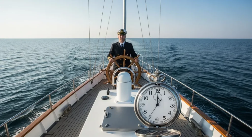 A captain steers a ship on calm waters, with a pocket watch visible on the deck.