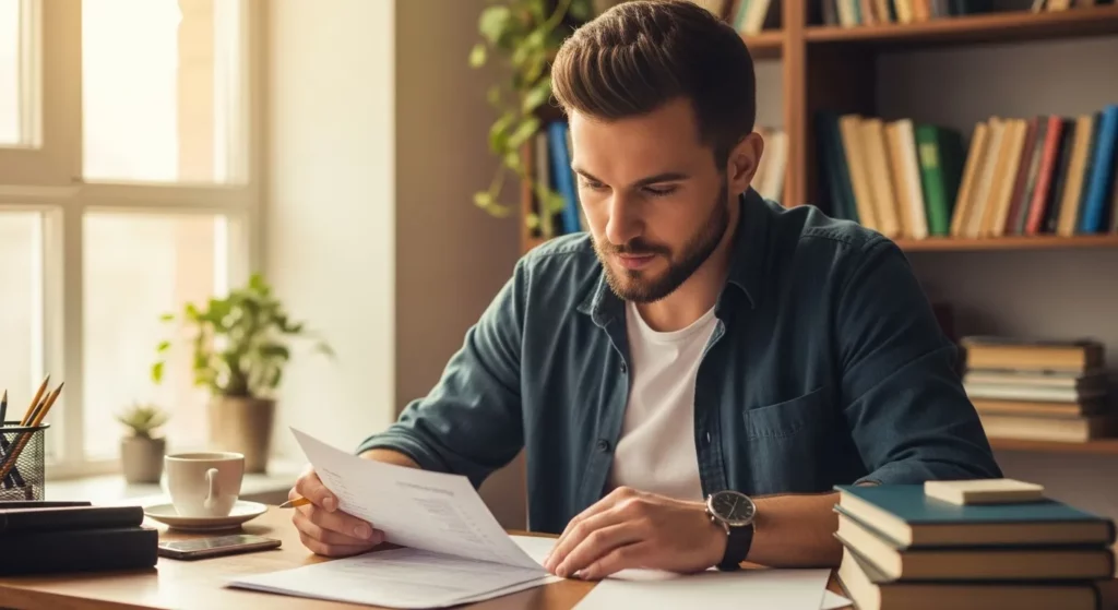 A person sits at a table, reviewing a budget and some everyday items.