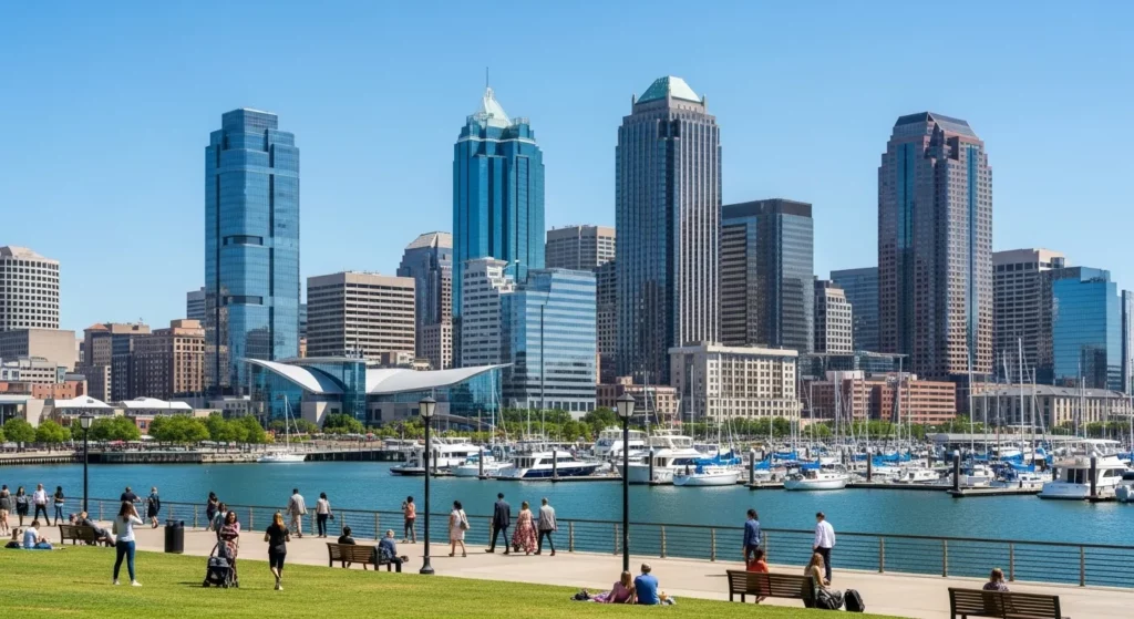 A photograph depicting a vibrant city scene with modern buildings, abundant greenery, and people enjoying outdoor activities.