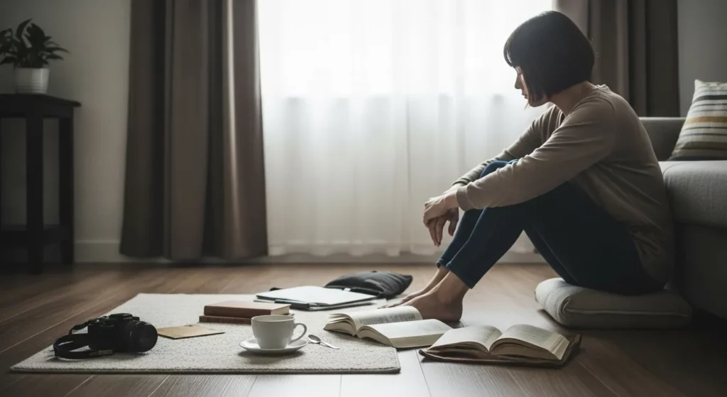 A person sits thoughtfully in a quiet space, surrounded by personal belongings.