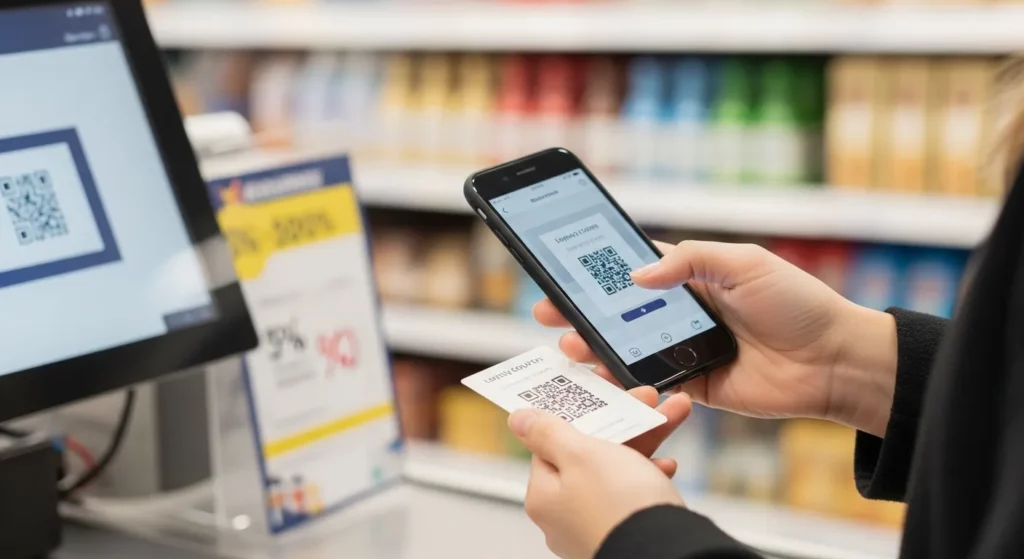A person scans a digital loyalty card at a store checkout using a smartphone.
