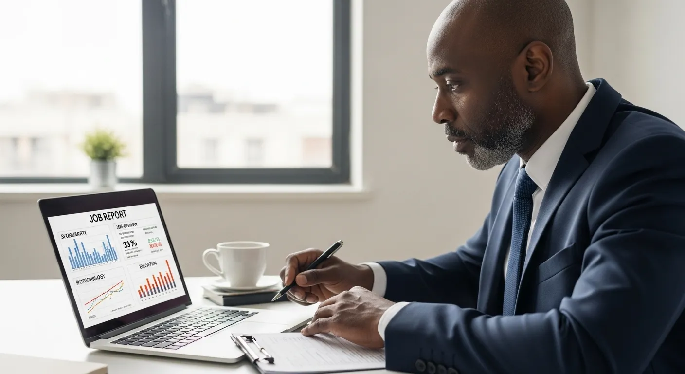 A person sits at a desk, reviewing a job report and a graph showing positive employment trends.