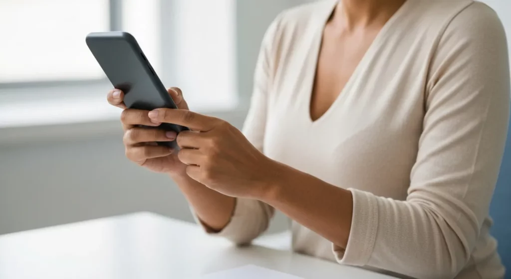 A person smiling while using a smartphone banking app, sitting in a comfortable, modern setting.