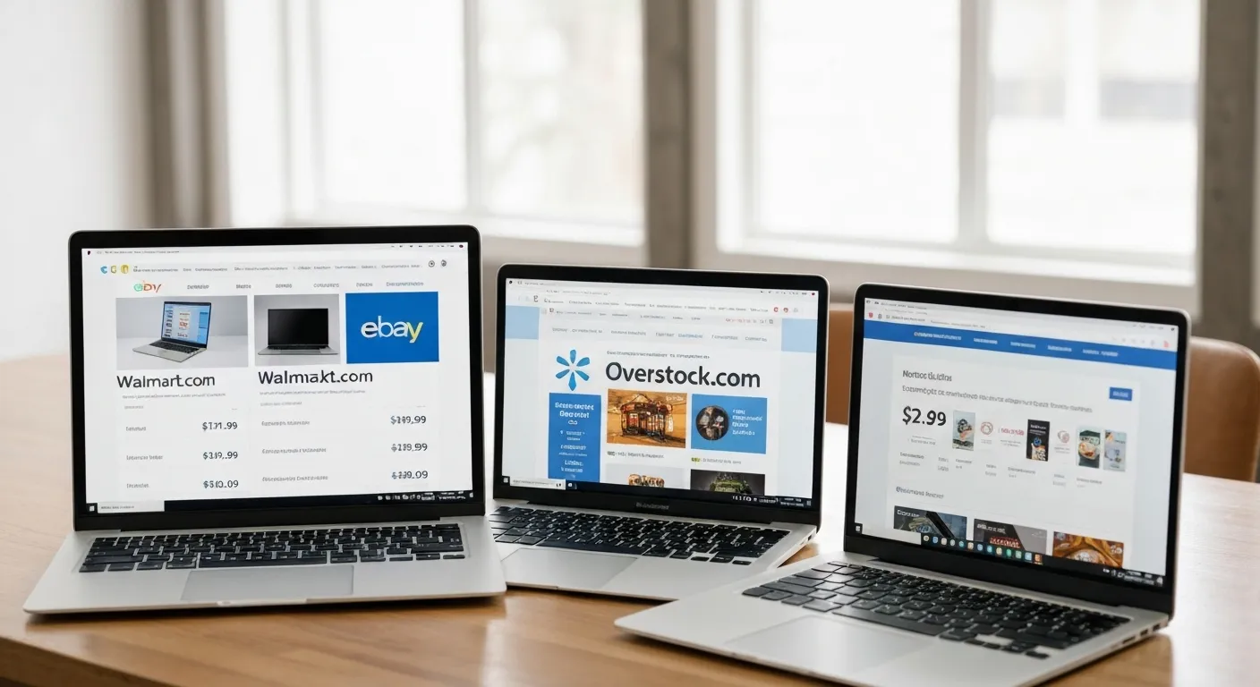 A comparison of prices for a laptop from various online retailers, including Amazon, eBay, Walmart, Overstock, and Newegg.