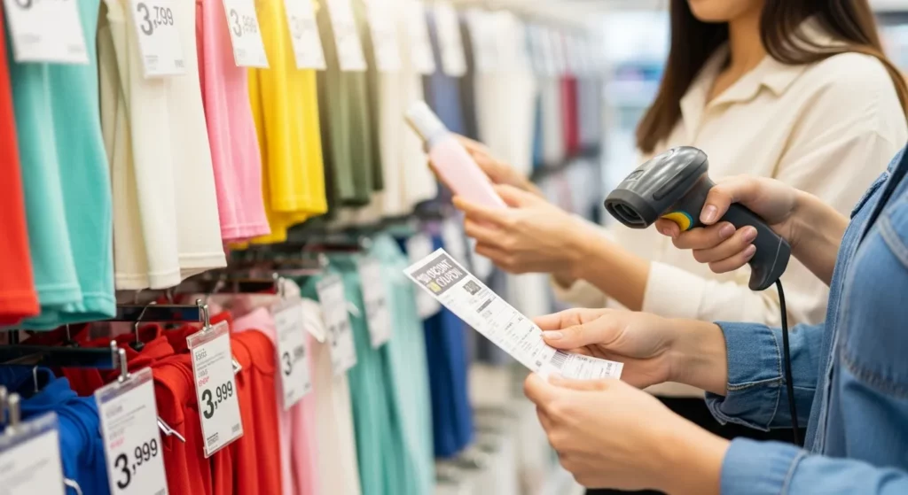 A shopper examines discounted items on a clearance rack in a retail store, carefully checking price tags and item condition.