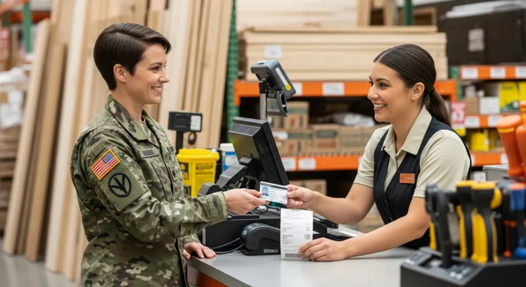 A person in military uniform stands at a cashier counter in a home improvement store, showing their military ID.