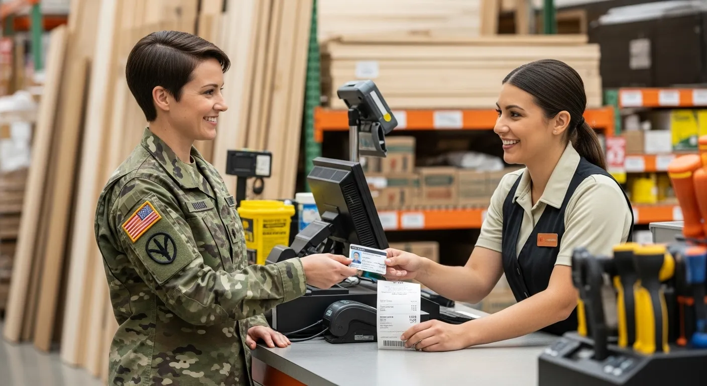 A person in military uniform stands at a cashier counter in a home improvement store, showing their military ID.