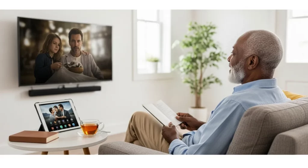 A senior citizen relaxing at home, using a streaming service on a TV and tablet, with a book and a cup of tea nearby.