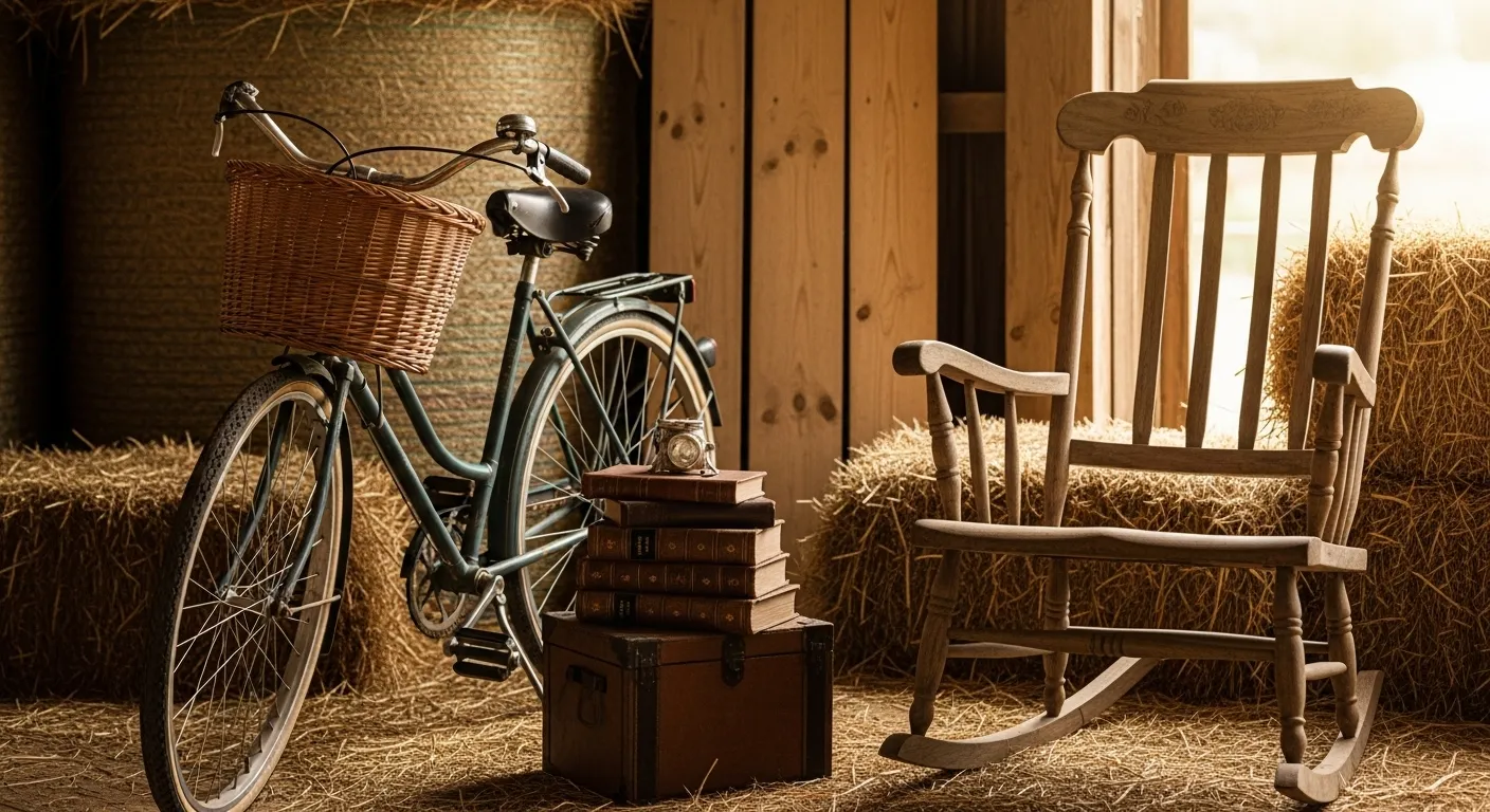 A well-lit photograph showing a gently used car, vintage furniture, books, baby clothes, and hand tools arranged together.