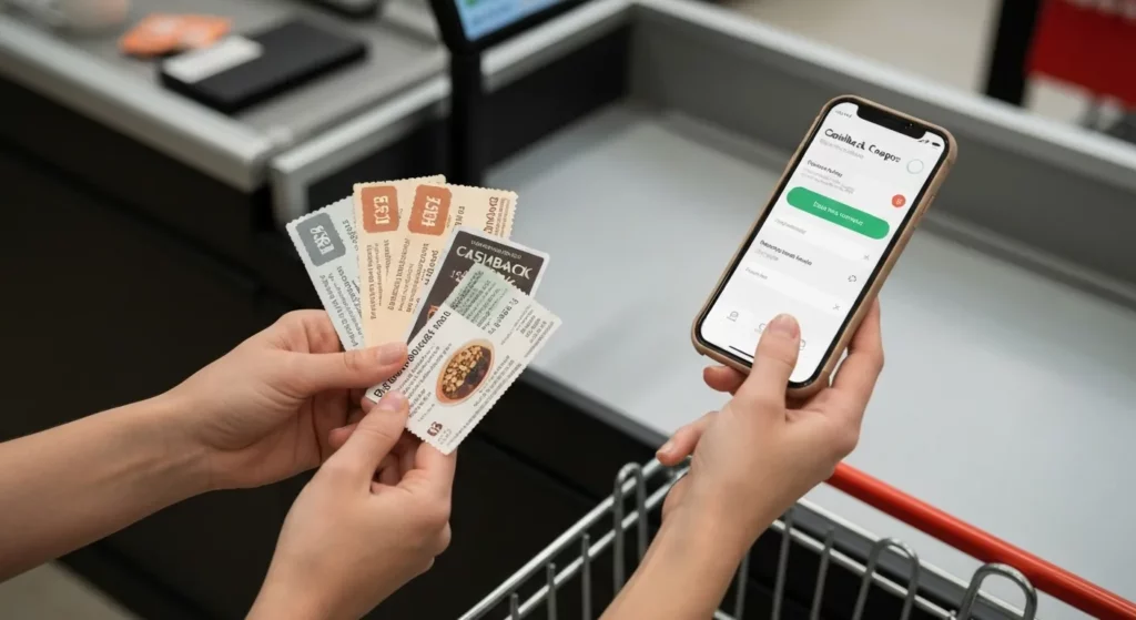 A person's hands holding several coupons and a smartphone displaying a cashback app, with a partially visible shopping cart in the background.