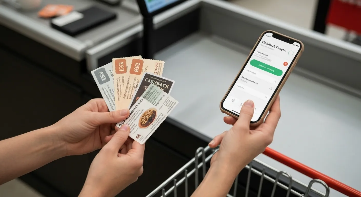 A person's hands holding several coupons and a smartphone displaying a cashback app, with a partially visible shopping cart in the background.