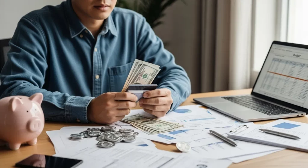 A person sits at a desk with financial documents, a credit card, and a piggy bank, appearing stressed and worried.
