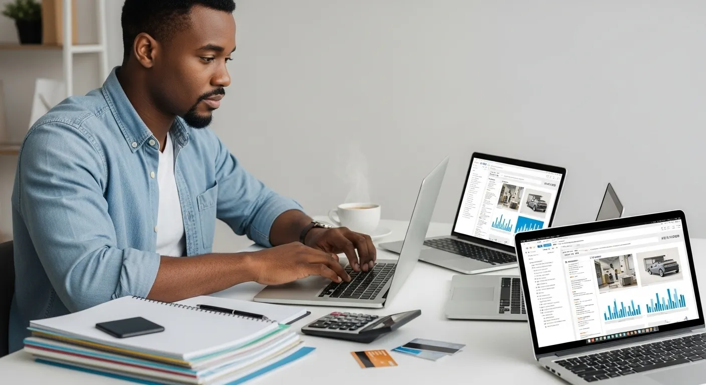 A person sits at a desk with multiple computer screens displaying online shopping sites, a shopping list, a calculator, and credit cards.
