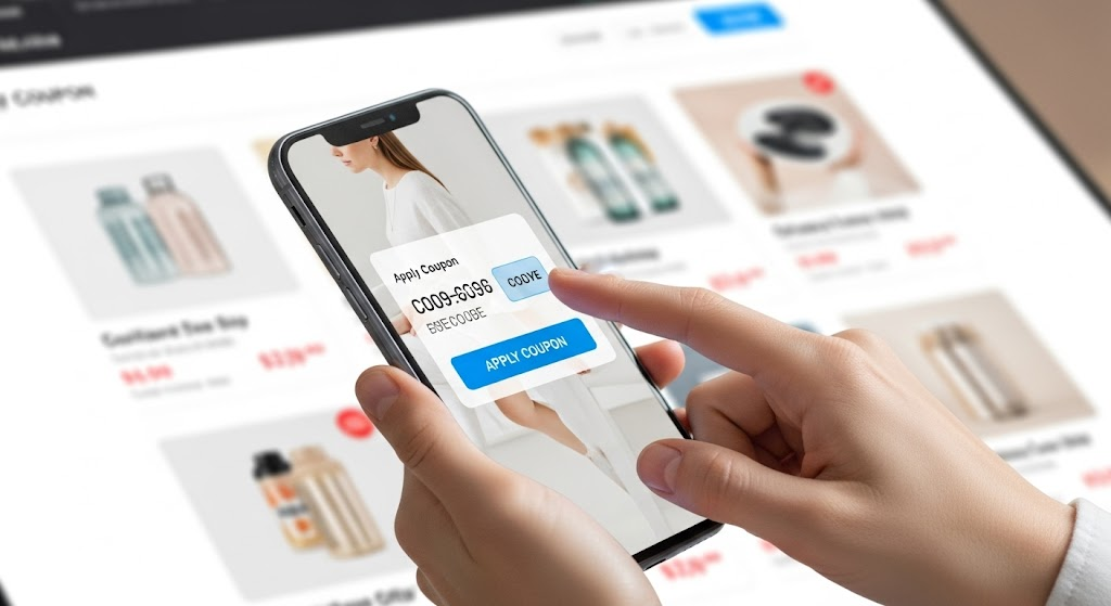 A close-up image showing a hand using a smartphone to apply a coupon during an online purchase, highlighting the simplicity of the process.