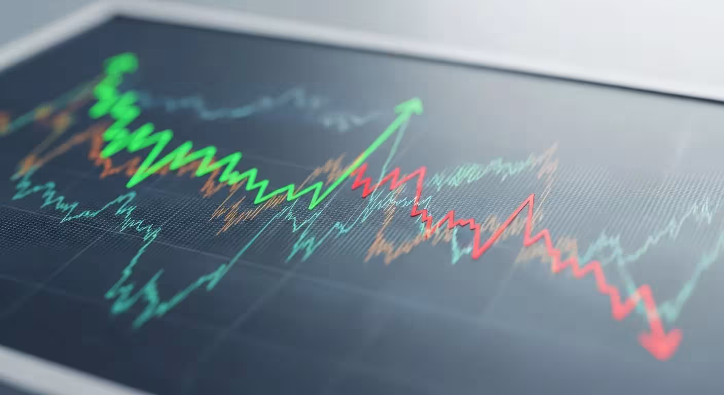 A graphic depicting upward and downward trending lines representing bull and bear markets, superimposed on a background of stock market ticker data.