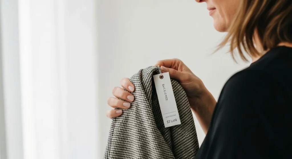 A woman examines a deeply discounted, high-quality winter coat on a clothing rack in a department store during a post-season sale.