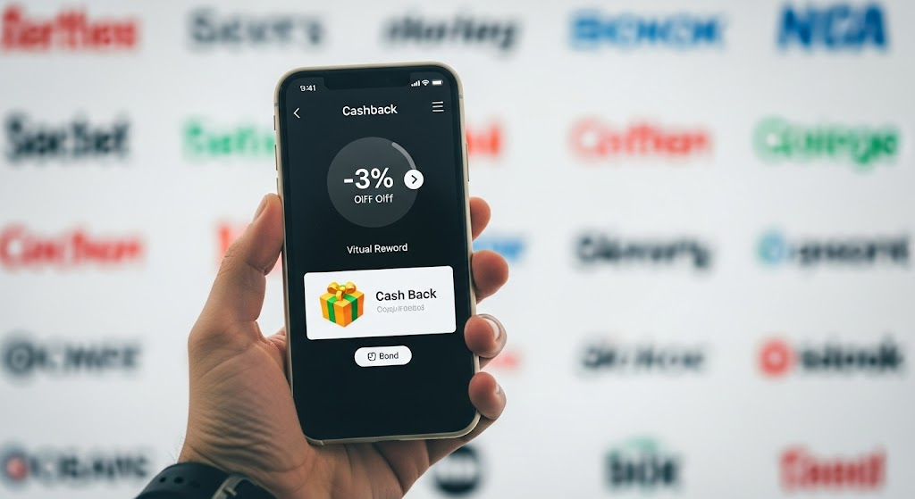 A hand holding a smartphone displays a cashback app interface, with a percentage discount and virtual rewards. The background shows various retail store logos, suggesting the diverse shopping options available with the app.