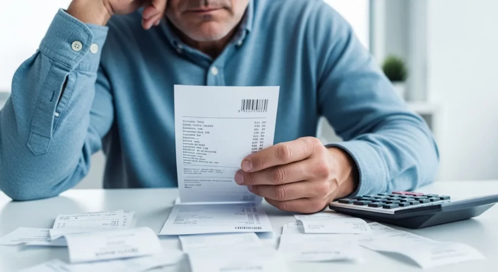 A person sits at a table reviewing paperwork and a calculator, with expense receipts scattered around.