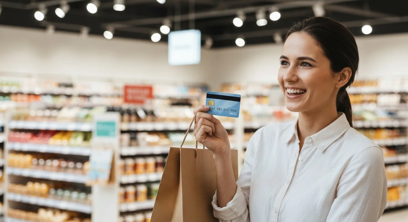 A person holding a shopping bag and a credit card in front of a store.