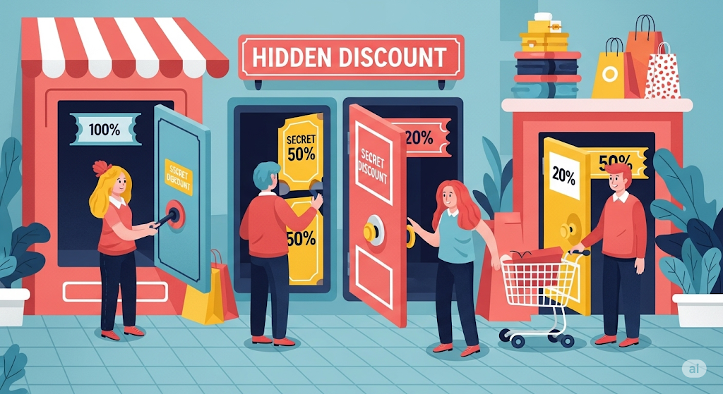 A stylized illustration depicting hidden discounts as secret compartments or hidden doors within a colorful, illustrated shopping scene. The compartments are revealed by pushing buttons or pulling levers, revealing secret discounts on products. There is a playful atmosphere and a sense of excitement, representing the surprise of finding a hidden deal. The color scheme is bright and vibrant, with a playful style suggesting the fun of discovering hidden treasures.
