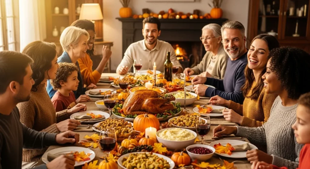 A family sits around a Thanksgiving dinner table decorated with fall leaves and pinecones, enjoying a meal together.