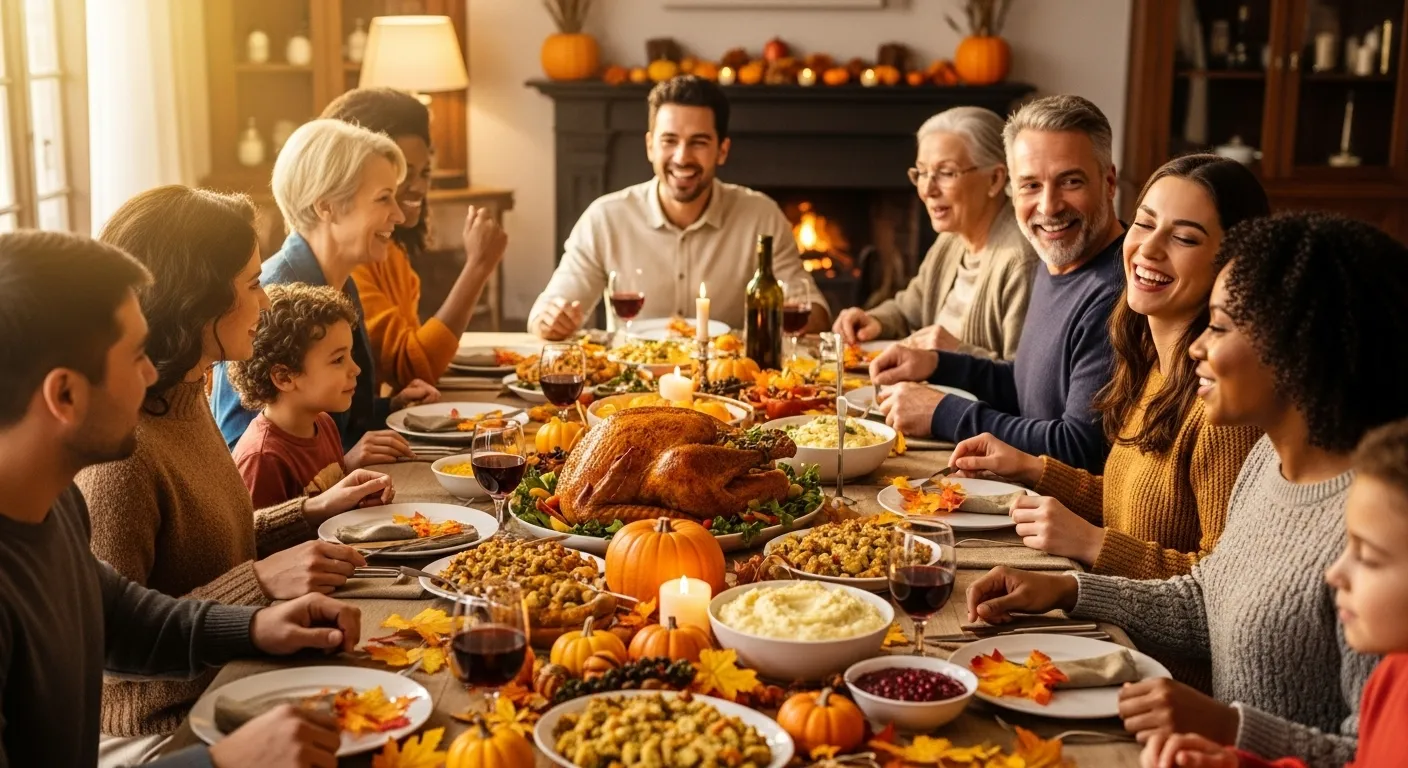 A family sits around a Thanksgiving dinner table decorated with fall leaves and pinecones, enjoying a meal together.