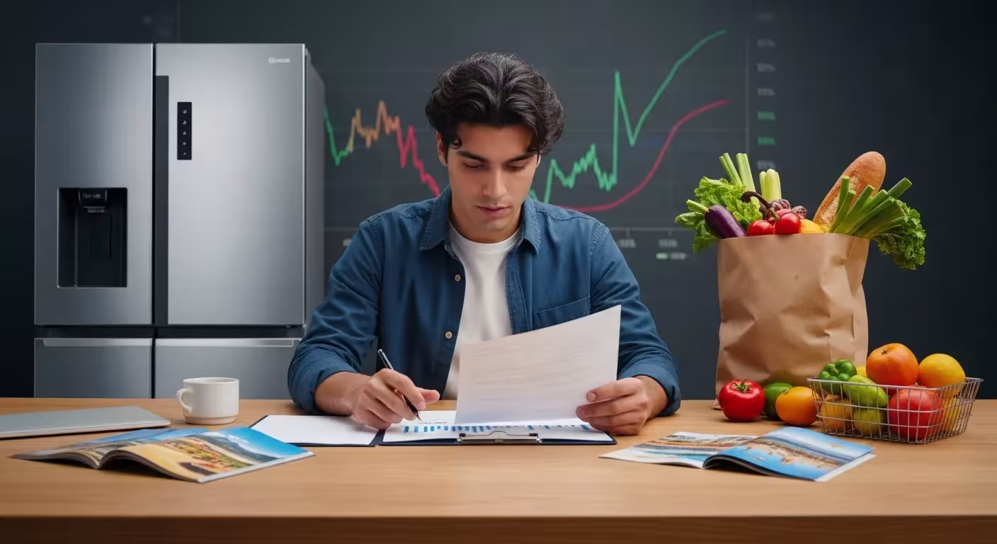 A person reviews financial papers at a table with groceries, a new appliance, and a travel brochure; a graph is visible in the background.